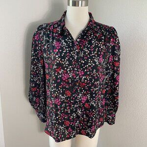 Ann Taylor Petite Medium Button Up Blouse Floral Shirred Shirt Top
